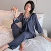 Kvinnors sömnkläder Casual 2st Sleepwear Women Satin Pyjamas Suit Summer Pyjamas Intime underkläder Silky Bathrobe Lace Shirt Pants Sleep Set 230421