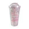 Canecas Candy Color Color Cup Garrafa de água para meninas lantejous de lantejous de lantejoula dupla de bebidas rosa com café de palha