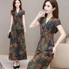 Kvinnors tvåbitar byxor Fashion Suit Western-stil Thin Print Tops Wide Leg Set 2023 Summer Mother Slim Plus Size Clothing