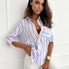 Kvinnors blusar Autumn Fashion Long Sleeve V-Neck Pocket Stripe Printed Shirt Elegant Single Breasted Office Casual Loose Blouse