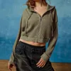 Hoodies femininos outono casual camisola fina com capuz zíper cardigan waffle sólido curto casaco menina sexy expondo umbigo jaqueta de poliéster