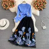 Tvådelad klänning Autumn Spring Blue Knit Tops and Embroidery A-Line Midi kjol Tvådelar Set Women Runway Design Fashion Knit Set Suit M69511 230421