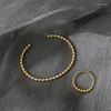 Halskette Ohrringe Set Schmuck Offener Armreif Für Männer Frauen Kugel Perlen Armband Ring Textur Gold Farbe Edelstahl Wasserdicht