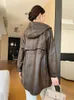 Giacca da donna in pelle di media lunghezza casual genuina per donna 2023 tendenza high-end vintage allentato cappotto di pelle di pecora con cappuccio autunno inverno