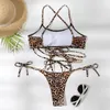 Women's Swimwear 2023 Bikini Low Waist Swimsuit Female Net Red Demeanor Fake Sexy Leopard Print Gathering Separate 230420