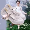 Flatskor barn prinsessa student dans för flickor hög klack sandaler klänning lila barn läder glitter kristall bankett