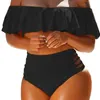 Costume da bagno da donna Costume da bagno diviso di grandi dimensioni con spalle scoperte Abbigliamento da spiaggia a vita alta con pantaloncini bikini con bordo arricciato per donna Set da 2 pezzi