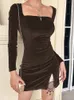 Casual Dresses Dfllifes Sexig Women Dress Velvet Split Party Clubwear Long Sleeve Slim Female 2023 Black BodyCon Solid Mini Vestidos 230421