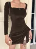 Sukienki swobodne dfllifes seksowne kobiety sukienka aksamitna podzielona na imprezę klubową długie rękaw Sym Szczupła kobieta 2023 Black Bodycon solid mini vestidos 230421