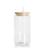 Listo para enviar 12 oz 16 oz Tazas de vidrio de sublimación Tazas en blanco con tapa de bambú Gafas de lata de cerveza esmerilada Vasos de globo de nieve Mason Jar Paja de plástico GG0330