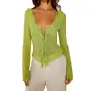 Women's Blouses Green Long Sleeve Top For Women Open Neckline Ruffle Blouse Split At Opening With Tie Ladies See-through Shirts