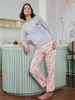 Pigiama da notte da donna Set pigiama a maniche lunghe con pantaloni T-shirt panda grigia Donna 2 pezzi da notte Pantaloni con stampa di lettere Lady Home Suit