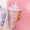 Muggar godis färg plast kopp vatten flaska för flickor söt stjärna paljett dubbla rosa dricka flaskor med halmkaffe
