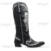 Botas Mulheres Crânio Esqueleto Selfie Cowboy Western Mid Bezerro Botas Pontiagudas Slip-On Stacked Heel Goth Punk Outono Sapatos Marca Designer T231121