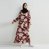 Ethnische Kleidung Frühling Sommer Muslimische Kleider Mode Volle Hülse Gedruckt Blumen Lässig Lange Lose Chiffon Kleid Frauen Maxi Vestidoes