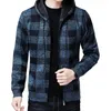 Suéteres masculinos Zipper Fechamento Homens Jaqueta de malha elegante xadrez impressão com capuz casaco casual quente com para queda