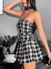 Casual Dresses Yangelo Gray Plaid Wapped Dress Axless Belt Sexig Spice Girl Retro Dark College Style Elegant Chic