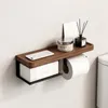 Étagères de salle de bain Porte-papier toilette avec étagère en noyer noir pour salle de bain Porte-papier hygiénique mural Double rouleau Support de téléphone noir 230421