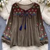 Kvinnors blusar Boho Loose Cotton Rayon Blusas White Floral Embroidery Blouse Topps Casual O-Neck Long Lantern Sleeve Shirt Women