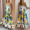 Casual Jurken Elegante Print Kleurrijke Maxi Jurk Vrouwen Hoge Taille Spaghettibandjes Backless Sexy A-lijn Dames Zomer Strandvakantie Gewaad