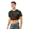 Men's T Shirts Sexy Imitation Leather Transparent Round Neck Net Hollowed Out Large Size Top