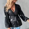 Kvinnor BLOUSES SPRING GLITTER PESKIN SHARKLY KVINNER SEXY DEEP V-HECK LACE UP Office Lady Shirt Autumn Lantern Long Sleeve Slim Top Mujer