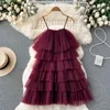 Casual Dresses 6 Colors Fashion Yellow Pink Green Mini Fairy Dress Sexy Pleated Mesh Ruffles Cake Summer Holiday Sleeveless Sling