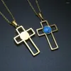 Pendentif Colliers En Vrac Bijoux En Gros Plomb Sans Nickel En Acier Inoxydable Bleu Turquoise Réglage Creux Croix Penadant Collier Pour Les Femmes