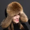Stingy Brim Hat Natural Raccoon Fur Caps Ushanka Hats for Winter Thick Warm Ears Fashion Bomber Pom Lady Real Cap Pompon 231121
