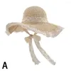 Breda brimhattar spetsar halm hatt kvinnor sommarvisor stora lolita panama hink floppy uv cap foldble skydd strand q6w1