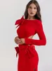 Модное открытое красное платье миди с бантом, женское сексуальное платье с круглым вырезом и длинным рукавом с открытой спиной, тонкие платья с разрезом, элегантные женские вечерние халаты