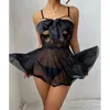 Work Dresses Black Hollow Out Lingerie Nightgown Bow Lacing Lace Sheer Mesh Sling Nightdress Thong Flower Pattern Sexy Erotic Set For Women