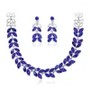 Collana Orecchini Set Lusso Cristallo Blu Rosso Strass Nuziale Forma Foglia Matrimonio