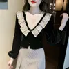 Women's Blouses Korean Style Autumn Spring Women Black Short Velvet Blouse V Neck Lace Ruffles Feminine Chic Ladies Elegant Shirt