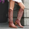 Laarzen Western Cowboy Knie Hoge Laarzen Blok Hoge Hakken Puntschoen Cowgirl Borduur Retro Schoenen Vrouw Rijden Lange Laarsjes Big Size 43 T231121