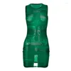 Casual Dresses Green Printing Fashion See Through Sexy O Neck Sleeveless Tight-fitting High-waist Wrap Hip Tank Dress Summer Nightclub