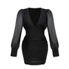 Vestidos casuales Sexy Escote en V profundo Negro Manga larga Buff-Sleeve Mini vestido Streetwear Moda plisada Fiesta delgada