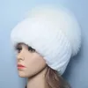 Trapper Hats Ryssland Lady Winter Real Fur Hat Warme Sticked äkta Rex Rabbit Fur Hat Top Natural Fox Fur Bomber Caps Rex Rabbit Fur Cap 231120