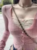 Kvinnors T-skjortor koreanska modeskörd topp kvinnor höst långärmad stickad t-shirt ulzzang söt söt rosa spets lapptäcke smal y2k estetik