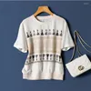 Kvinnors T-skjortor Silk T-shirt Sommar 2023 Tryckt Löst satin Tees Kort ärmar Topp damer O-Neck Patchwork Clothing Ycmyunyan