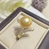 Cluster Rings Gorgeous Huge 11-10mm Round Natural South China Sea Gold Pearl Ring 925S