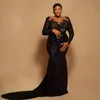 Plus Size Aso Ebi Party Prom Dress Long Sleeves Elegant Mermaid Evening Birthday Black Girl's Dresses African Arabic Style Formal Gowns Sheer Neck Lace Beaded ST256