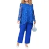 Women's Two Piece Pants 2Pcs Cocktail Suit Top Set Long Sleeves Hollowed Lace Design Wide Straight Leg Outfit Streetwear