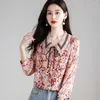 Chemisiers pour femmes Impression vintage Gaze Spliced Floral Bow Shirt Vêtements pour femmes Été et automne Commute Tops Oversize Loose Sweet