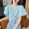 Women's Blouses Lace Shirt For Summer Design Sense Niche Short Drawstring V-neck Slim Fitting Sleeved Top Pullover Tops S-XL