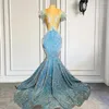 Party Dresses Mermaid Prom 2023 Sexig Sheer V-ringad ärmlös silverkristaller ljusblå paljett svart tjej Gala klänningar