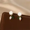 Dangle Earrings Unique Pearl Women Drop Green Leaves Charm Jewelry Shell Flower Silver Needle Studs Romantic Exquisite Versatile Gift