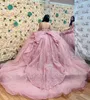 Sparkly Pink Princess Sweet 16 Quinceanera Dresses Gillter Butterfly Ruffles Corset Lace-up xv anos vestidos Rose Gold