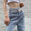 Kvinnors jeans 2023 Kvinnor Sexig ihålig hög midja Casual Wide Leg Belt Loose Harajuku rak fast färg Lång denim Pants Streetwear