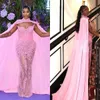 Hot Pink Fashion Show Evening Dress Long Cape Illusion Beading Prom Gowns Women Party Vestidos De Novia Red Carpet Wear